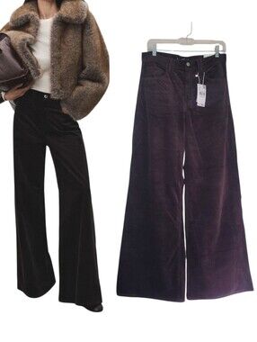 Mango Wide Leg High Rise Corduroy Pants Mocha Chocolate Brown Festival Retro